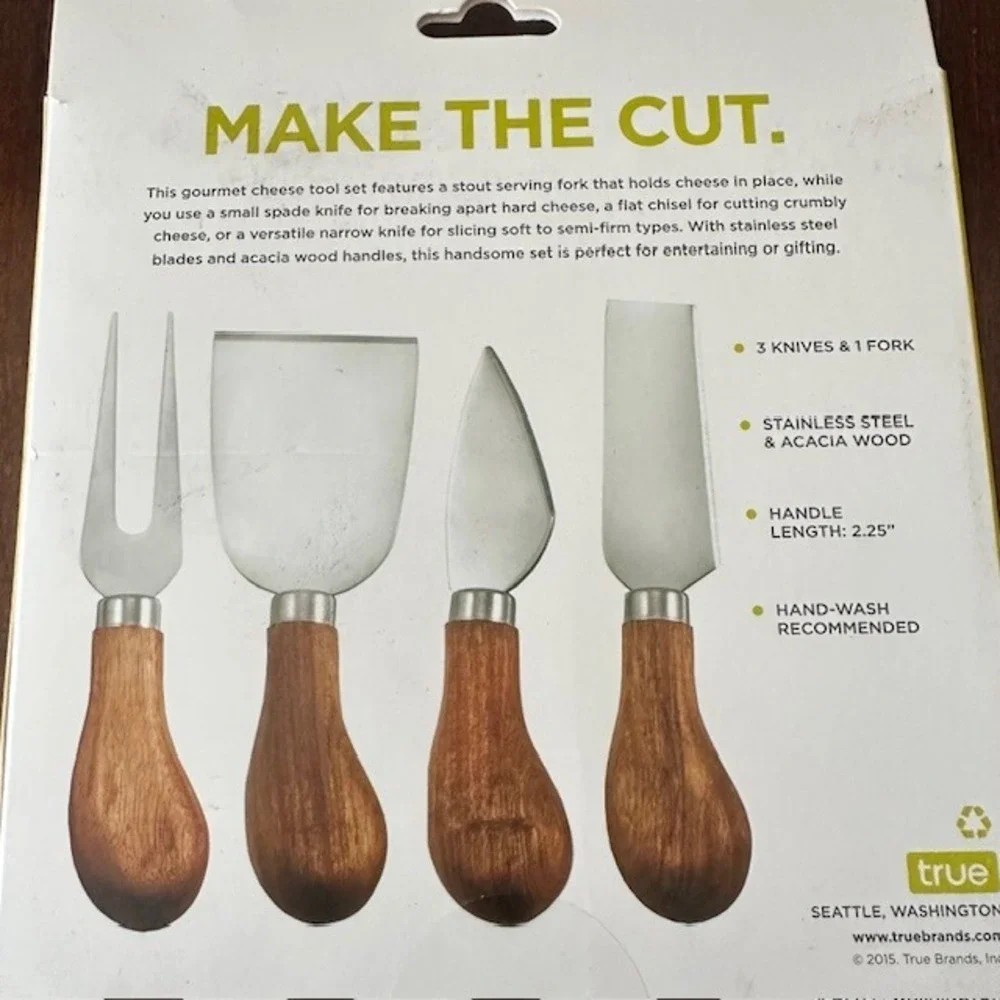 True Grove Gourmet Cheese Tool Set 3 Knives 1 Fork Stainless‎ Steel Acacia Wood